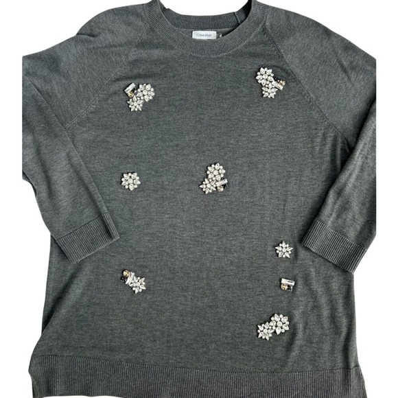 Calvin Klein Gray crew neck jeweled long tunic sweater Party Holiday. Sz XL EUC - Picture 1 of 9